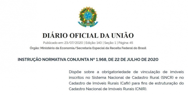 Atenção proprietários de imóveis rurais: publicada normativa que obriga a vinculação entre os cadastros SNCR (INCRA) e CAFIR (RFB)